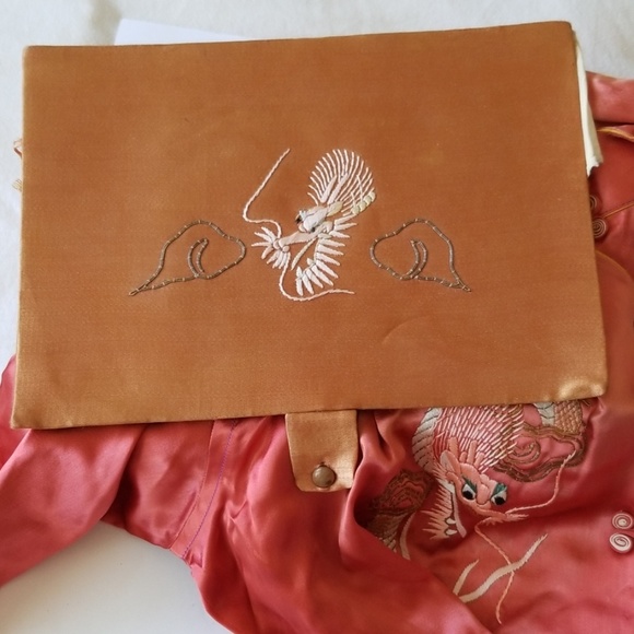 Asian Hand Embroidered Gold Dragon Red Silk Pajama Slippers Box Ensemble Size S - Picture 9 of 16